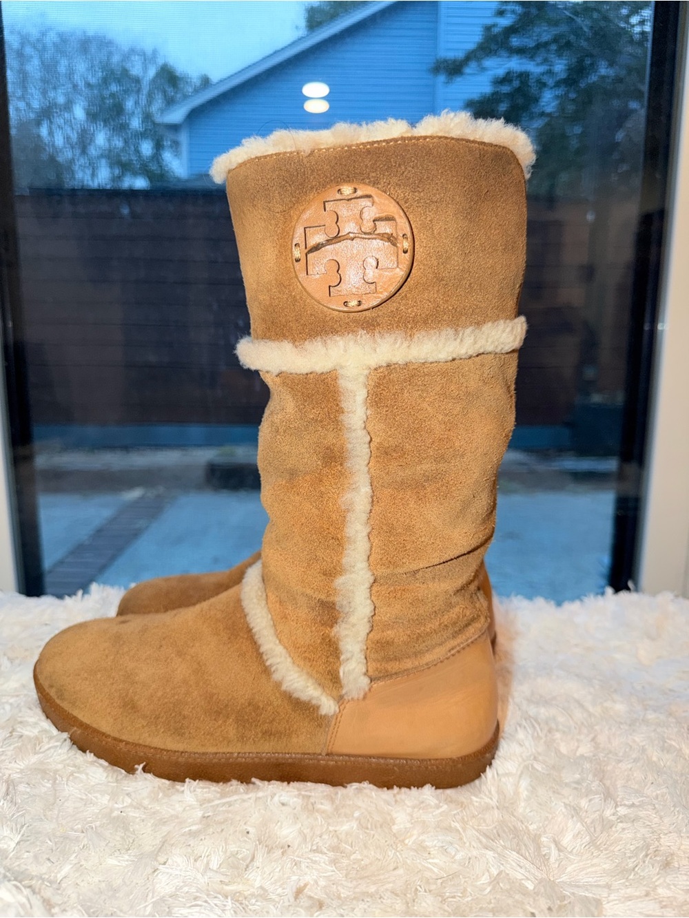 Tory Burch Chestnut Suede Shearling Mid-Calf Boots